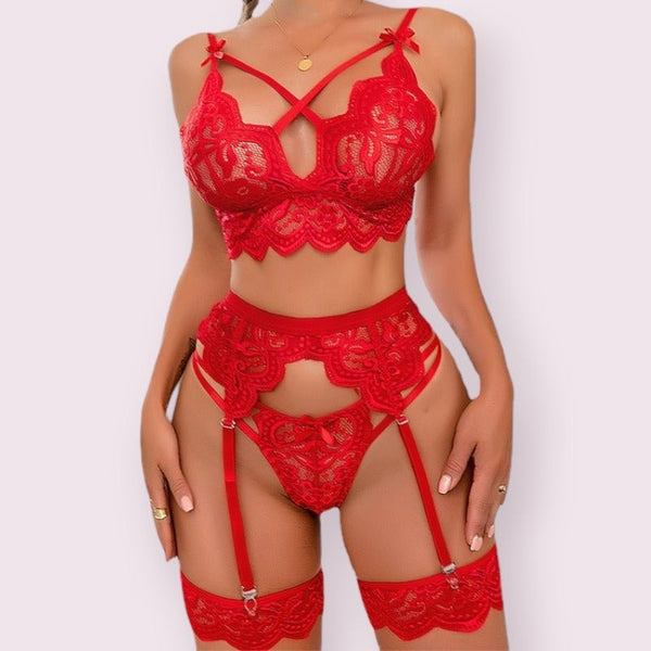 Ensemble porte-jarretelle rouge